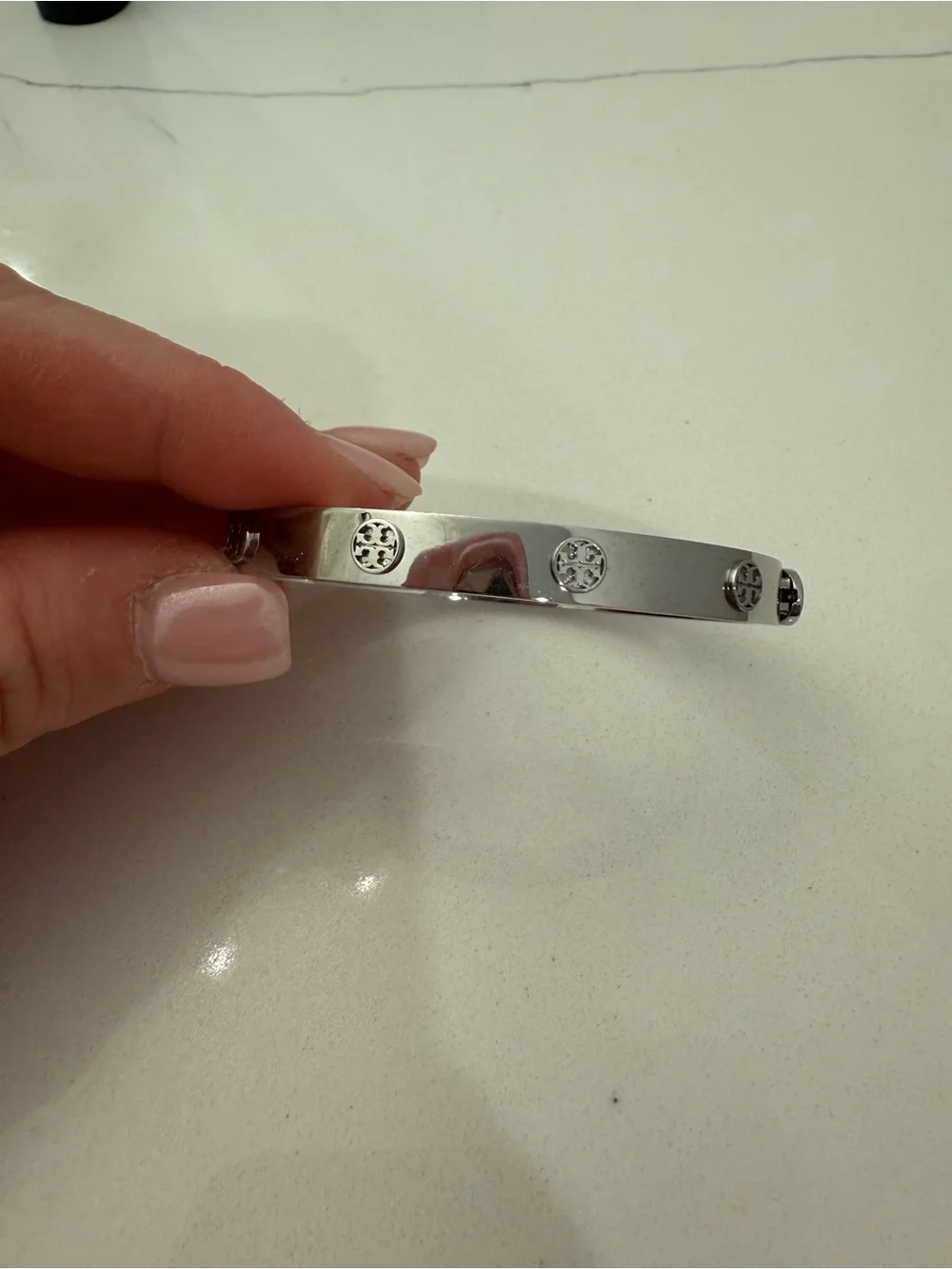 Tory Burch Polished Silver Logo Stud Thin Hinge Bracelet